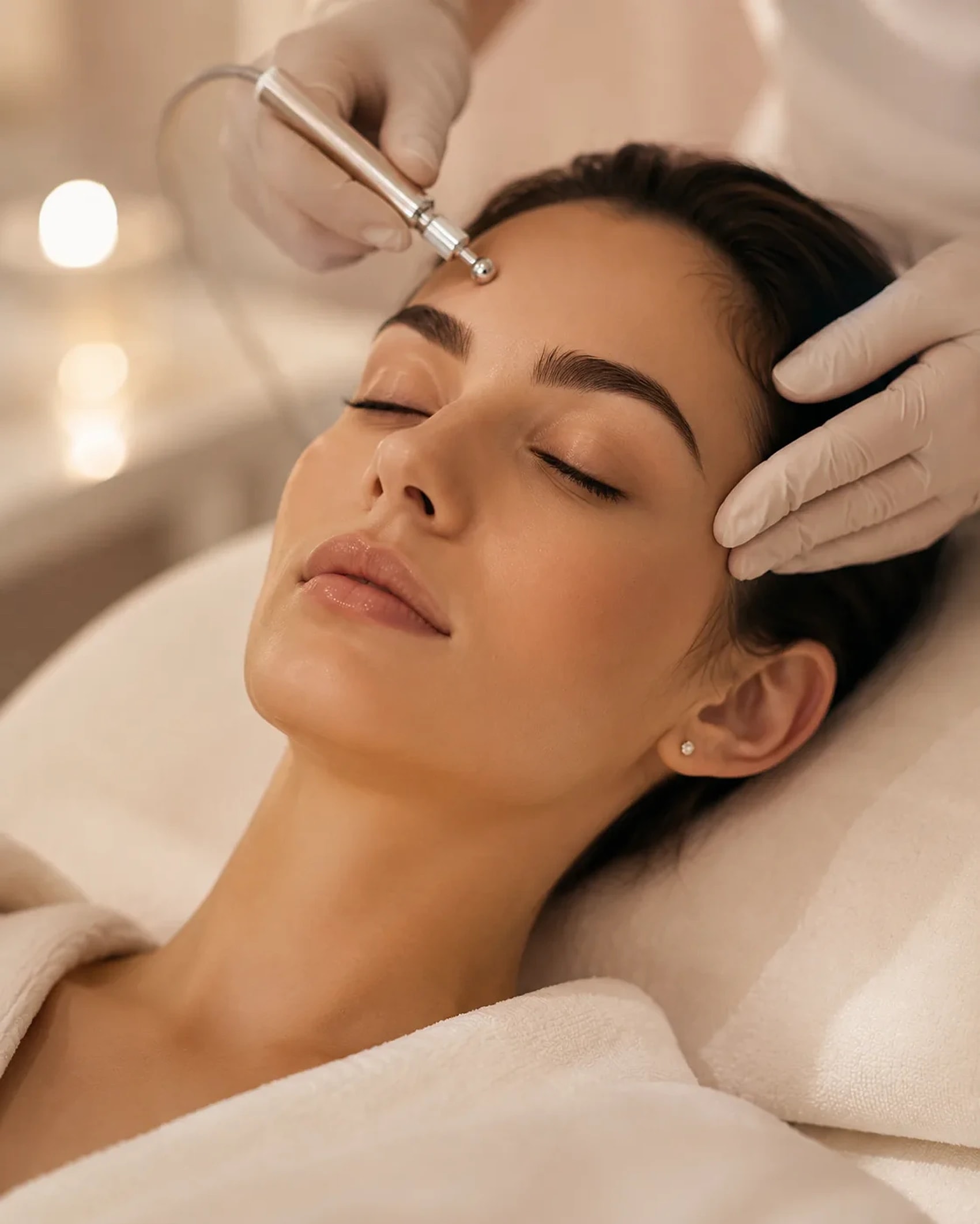 Mulher jovem recebendo procedimento facial premium em clínica de estética